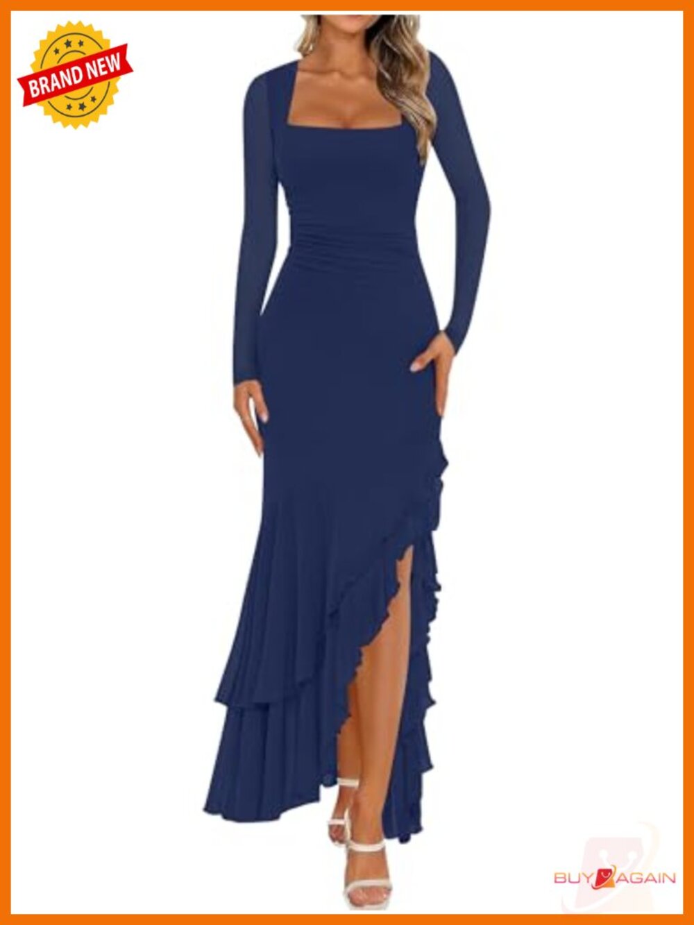 Women's Mesh Long Sleeve Maxi Dress Square Neck High Slit Tiered Ruffle Bodycon